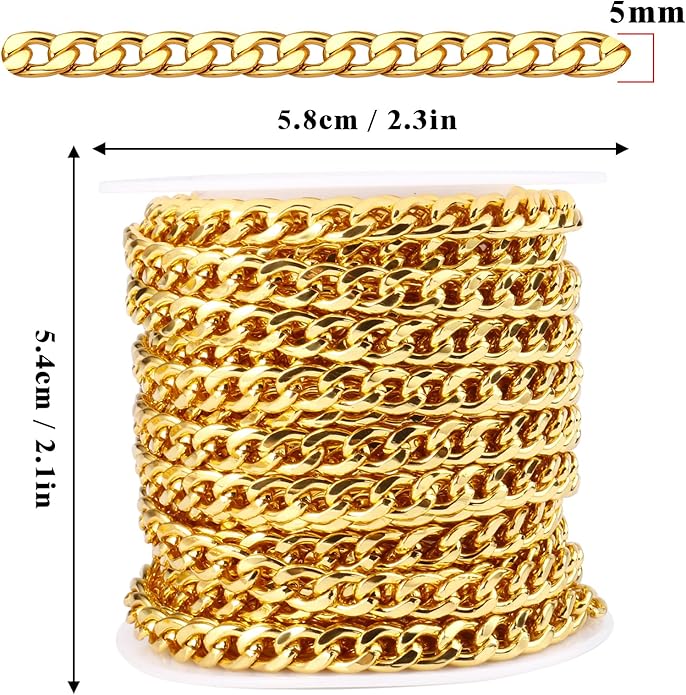 16.5 Ft Stainless Steel Curb Chains, 5mm 6mm 7mm 9mm Cuban Chain Roll Bulk for Jewelry Making