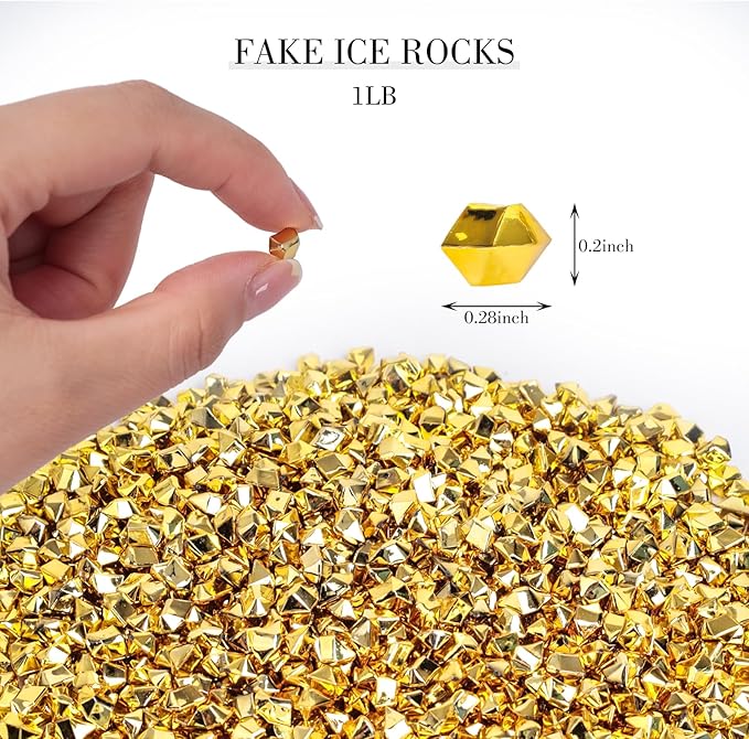 DOMESTAR 4200PCS Gold Fake Ice Rocks, 1LB Acrylic Crushed Ice Rocks Mini Fake Diamonds for DIY Craft Wedding Vase Fillers 0.2" x 0.28"