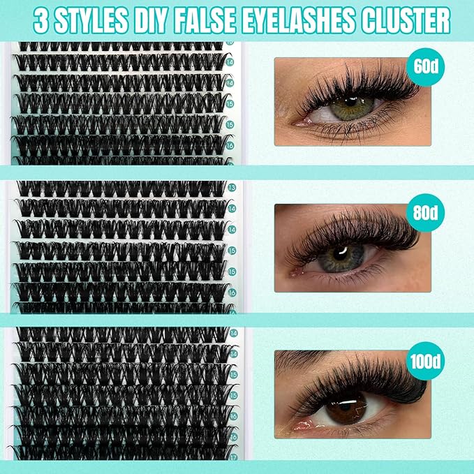GEMERRY Lashes Clusters Kit Thick Lash Clusters 3 Styles 840Pcs Fluffy Lash Clusters Kit with Waterproof Bond and Seal Remover Tweezers for Beginners