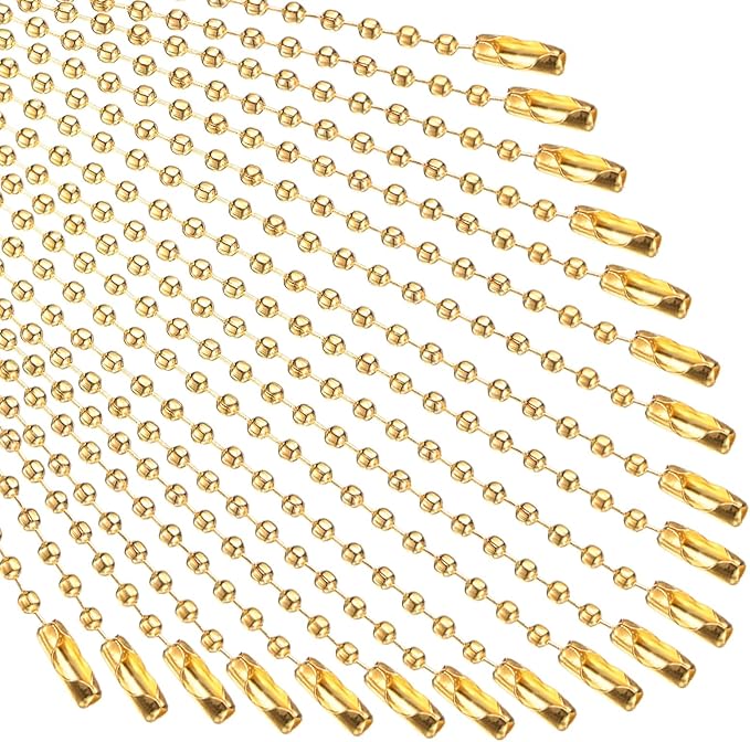 M METERXITY 50-Pack Ball Beads Chain, 4.7 in Metal Beaded Necklace Adjustable Keychain with Connectors for Jewelry Making/DIY Crafts/Hanging Decoration, Dog Tag Chain [Gold]