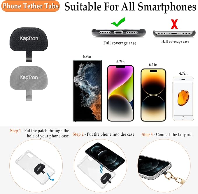 Kaptron 2Pcs Cell Phone Lanyard: Universal Adjustable Crossbody Phone Strap and Wrist Strap, with 2 Lobster Clips and 2 Tether Patches, Compatible with Most iPhone and Android Smartphones (Black/Gold)