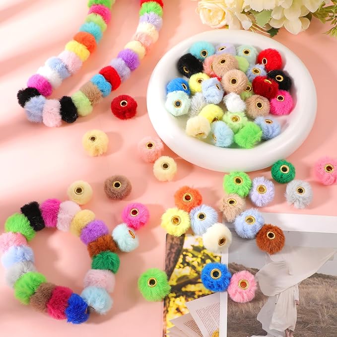 250PCS Fluffy Faux Fur Pom Poms Beads Mixed Color Soft Fuzzy Puff Spacer Beads for DIY Pens Jewelry Bracelet Garland Headband Keychain Handicrafts Craft Accessories Gift Supplies