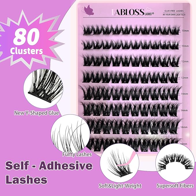 Self Adhesive Eyelashes 80Pcs Self Adhesive Eyelash Clusters Thick-Volume Press On Lashes Pre-Glued Glueless Lashes Clusters No Remover No Residue with Tweezers(10-16mm)