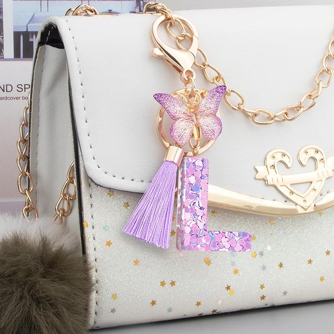 Initial letter Keychains for Women Girls Tassel Butterfly Cute Keychain for Wallet Backpack charm