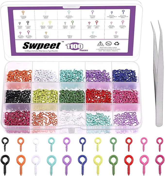 Swpeet 1101Pcs 11 Colors 2 Sizes 4×8mm 5×10mm Small Screw Eye with Tweezers Assortment Kit, Eye Pins Hooks Eyelets Screw Clasps Hooks Eye Screws for Jewelry Making DIY Jewelry Making Supplies
