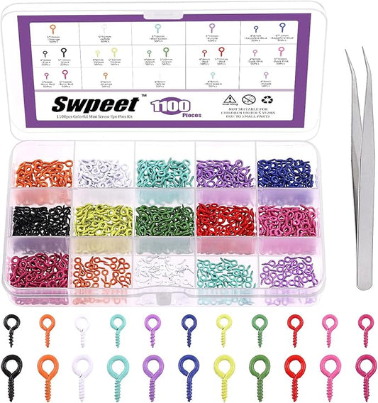 Swpeet 1101Pcs 11 Colors 2 Sizes 4×8mm 5×10mm Small Screw Eye with Tweezers Assortment Kit, Eye Pins Hooks Eyelets Screw Clasps Hooks Eye Screws for Jewelry Making DIY Jewelry Making Supplies