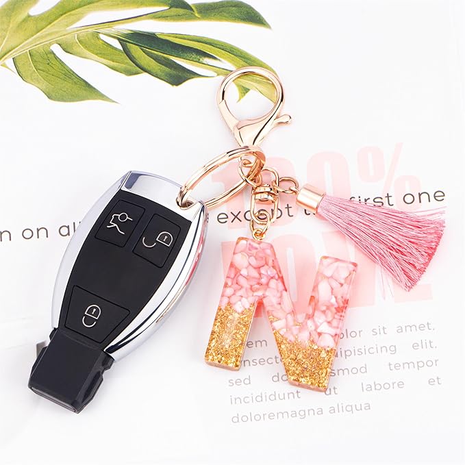 Suweibuke Cute Pink Key Chains for Women Girls, Initial Letter Keychains with Tassel, Charms for Key Purse Handbags Backpacks