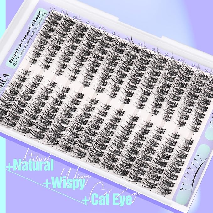 Yawamica Natural Lash Clusters Cat Eye Lash Extension 7-14mm Wispy Eyelash Clusters C Curly Individual Lashes Pre-mapped Cluster Lashes Left Right Cluster Eyelash Extensions DIY Lashes Natural Look