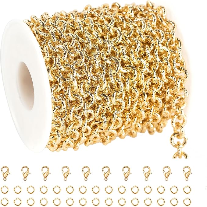 16.4 Feet Lightweight Gold Plated Chain Roll Delicate Embossed Rolo Chain Necklace DIY Jewelry Chains Bulk with Jump Rings and Lobster Clasps