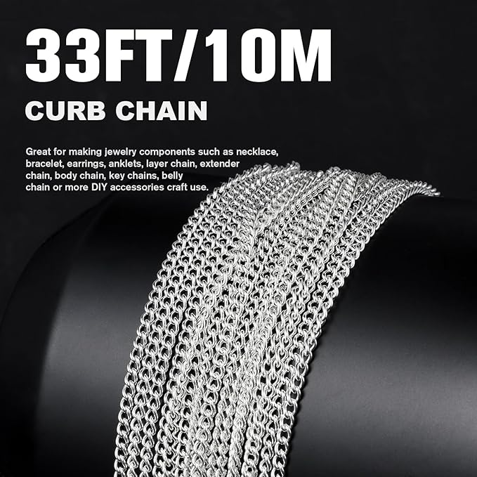 33 Feet Silver Curb Chains Bulk, 5mm Silver Plated 304 Stainless Steel Twisted Link Chains Roll Spool for Jewelry Making DIY Craft