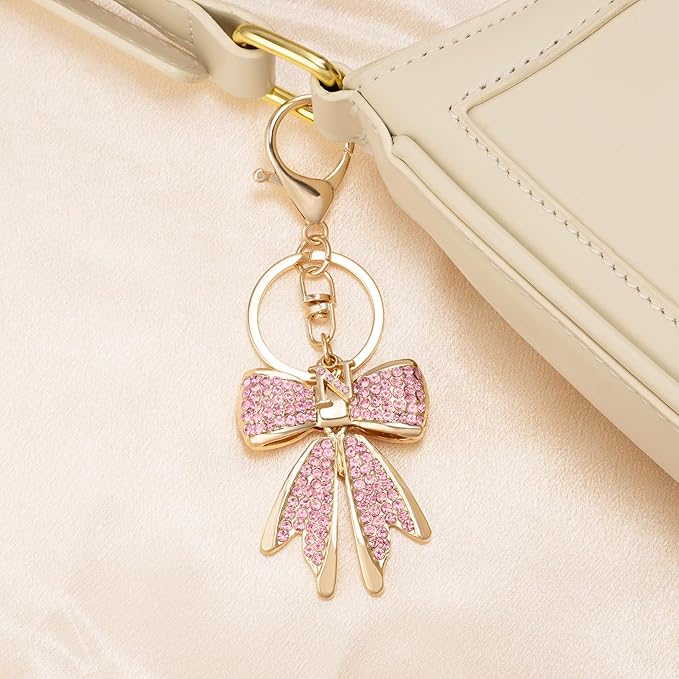 XGALBLA Sparkly Cute Initial Letter Rhinestone Bow Keychain for Women Gold Tone Bag Charms Coquette Aesthetic Purse Charms