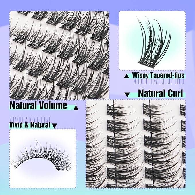 Yawamica Natural Lash Clusters Cat Eye Lash Extension 7-14mm Wispy Eyelash Clusters C Curly Individual Lashes Pre-mapped Cluster Lashes Left Right Cluster Eyelash Extensions DIY Lashes Natural Look