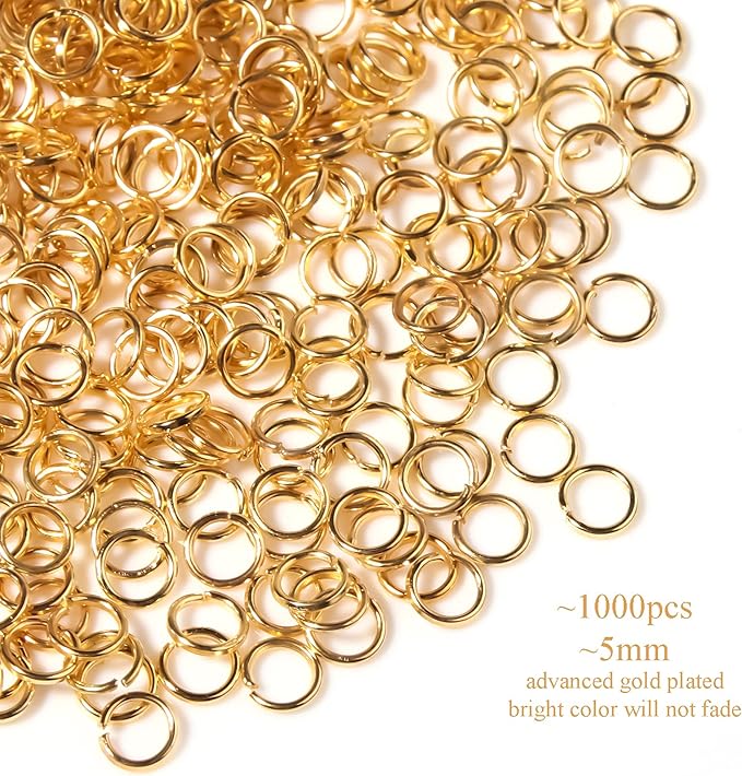 1000 Pcs 5mm Open Jump Rings Gold Plated Jump Rings for Jewelry Making Single Ring Bulk for DIY Craft Earring Necklace Bracelet Pendant Choker Jewelry Making Findings and Key Ring Chain (Gold, 5mm)