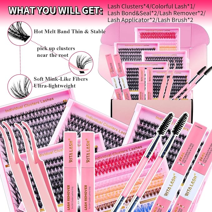 Lash Clusters Kit Eyelash Clusters Kit 4 Boxes + 1 Colorful Cluster Eyelash Extensions Pestañas Postizas Naturales with Lash Bond and Seal*2,Remover*2,Tweezers*2,Mascara Brush*2(13 Counts Lash Kit)