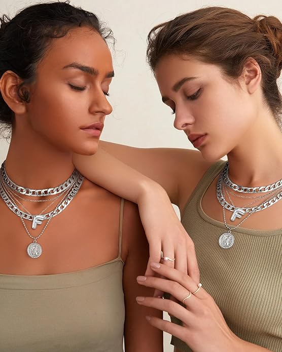 MJartoria Layered Necklaces for Women Trendy Balloon Initial Coin Pendant Necklace Dainty Chunky Chain Choker Necklaces Jewelry Birthday Gifts