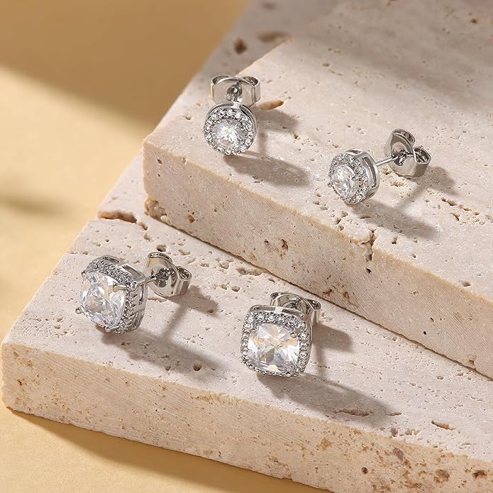 Hayoso 18K Gold Plated Halo Stud Earrings 925 Sterling Silver Cubic Zirconia Stud Earrings Round Square Diamonique Stud Earrings Set for Women Men