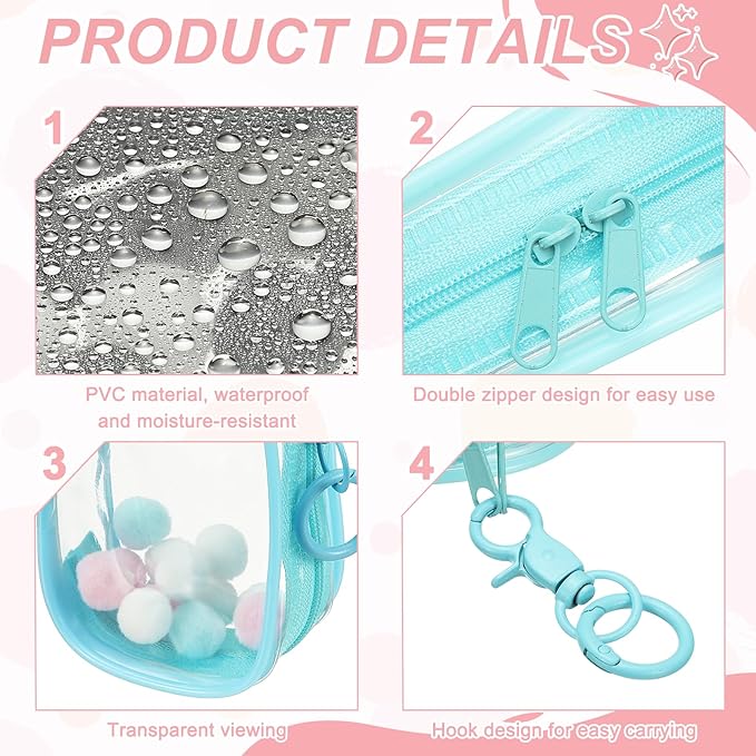 uxcell 3.5 Inch Clear Figure Display Bag, Mini Clear Pouch Waterproof Coin Pouch with Keychain and Pom Poms for Blind Box Doll Display (Square, Sky Blue)