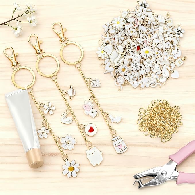 X-Kingsun 303 Pcs Lip Gloss Keychain Making Kit 100 White Lips Charms Jewelry Plier Keychains Clips Gold Extender Chains for Women DIY Crafting Making