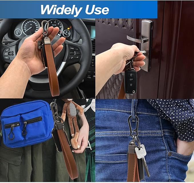 Car Fob Key Chain Genuine Leather Wristlet Strap Keychains Holder for Men and Women, 360 Degree Rotatable, with Anti-lost D-Ring, Carabiner Clip and 4pcs Key Rings, Dark and Coffee