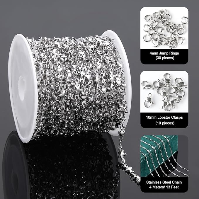 UMAOKANG 4 Meters Stainless Steel Chains for Jewelry Making Delicate Star Heart Link Chain Bulk for Women Necklace Bracelet DIY