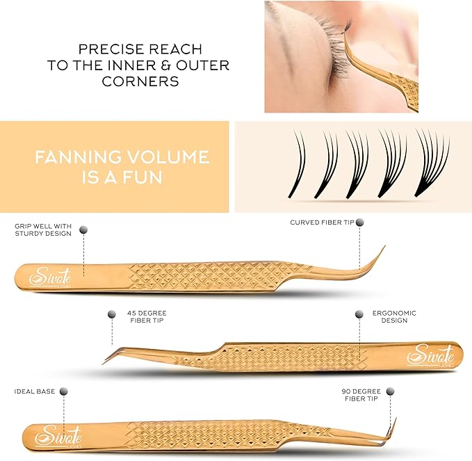SIVOTE Eyelash Extension Tweezers Fiber Tips Japanese Steel, Set of 6, Curved, Dolphin, 90 Degree 45 Degree, Volume Boot & Slight Curved Tweezer, Gold
