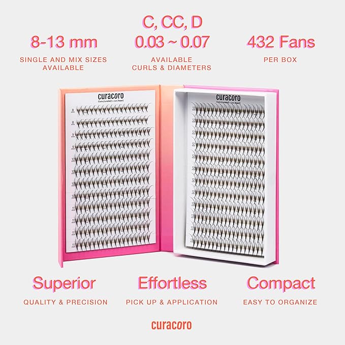 Curacoro LashFolio Double Spike Promade Fans, Handmade Volume Eyelashes, 5D To 10D, C CC D Curl, 0.03~0.07mm, 8-13mm Mix Length, Professional Long-Lasting Promade Lash Fans (7D-0.05 D 8-13mm)