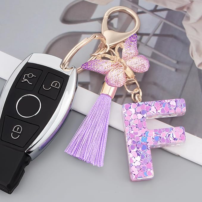 Initial letter Keychains for Women Girls Tassel Butterfly Cute Keychain for Wallet Backpack charm
