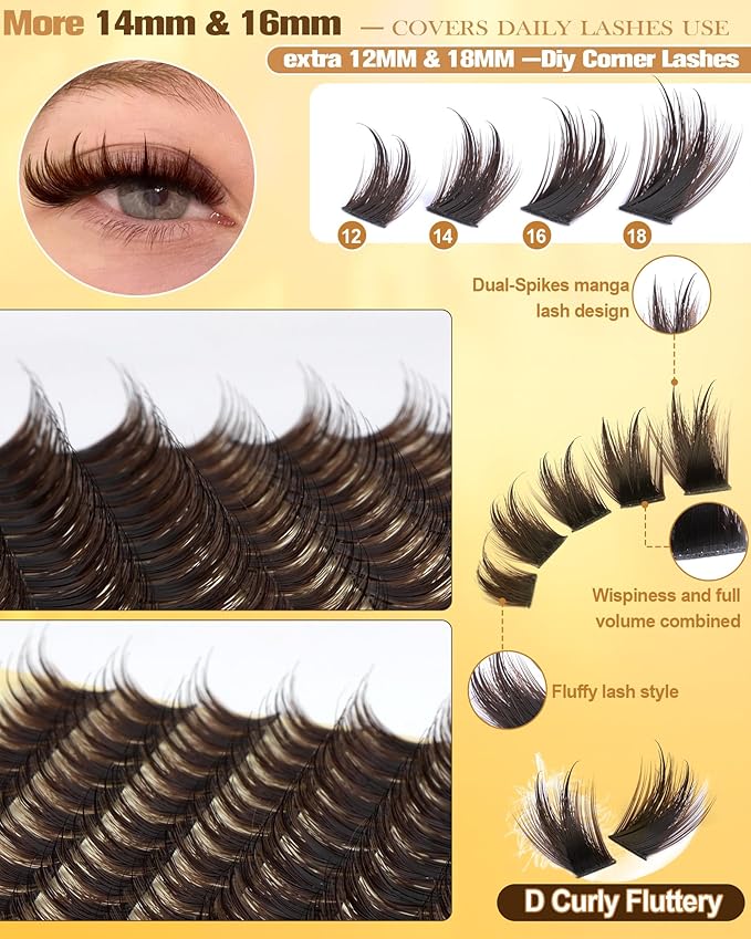 Lash Clusters Kit Brown Cluster Eyelash Extensions Kit More 14/16mm Volume Lashes with Spikes Anime Thick Eyelash Clusters Kit with Lash Bond and Seal, Tweezers by Pleell (D Curly, 144PCS)