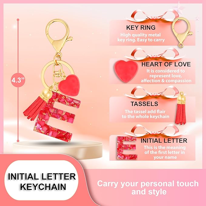 Initial Keychains for Women with Cute Heart Resin - Alphabet Letter Keychain for Bag, Backpacks, Purse or Car key