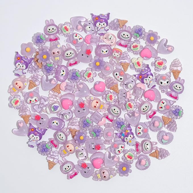 Charms 100PCS Mixed Kawaii Flatback Resin Charms for Crafts, Cabochon for DIY Projects, Slime Charm, Resin Art, Scrapbooking, Phone Case & Accessories (Purple)