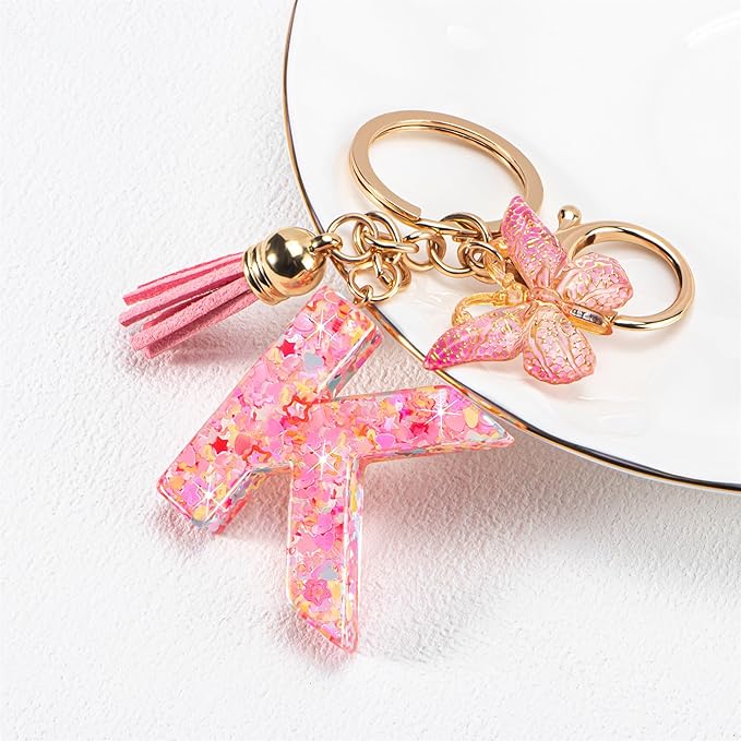 Initial letter Keychains for Women Girls Tassel Butterfly Cute Keychain for Wallet Backpack charm