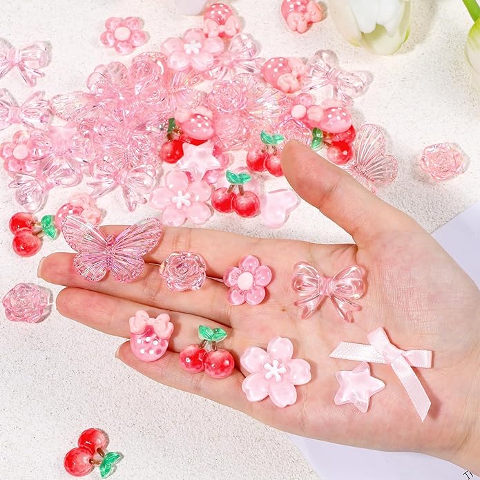 Pink Junk Case Charms Kit, 60 Pcs Cute Acrylic 3D Resin Charms with Cute Bow Y2K Aesthetic Bow Charm Girly Coquette DIY Craft Accessories Big Flatback Resin Decoden Charm for Crafts Jewelry Making