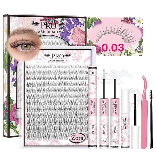 PRO LASHBEAUTY Natural Lash Clusters Kit Wispy Lash Clusters Invisible Band with Clear Lash Bond and Seal Lash Tweezer Lash Remover Eyelash Clusters Kit Waterproof Easy to Apply (Zora,8-16mix)