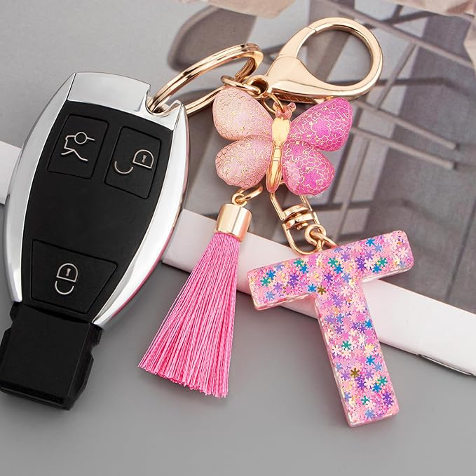 Suweibuke Cute Pink Key Chains for Women Girls, Initial Letter Keychains with Tassel, Charms for Key Purse Handbags Backpacks
