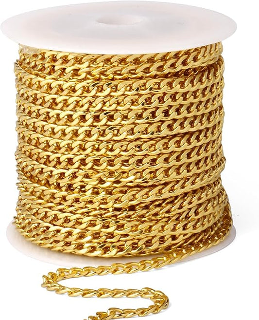16.5 Ft Stainless Steel Curb Chains, 5mm 6mm 7mm 9mm Cuban Chain Roll Bulk for Jewelry Making