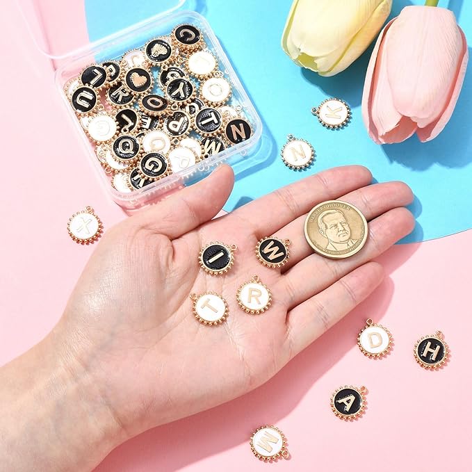 Stiesy 52 Pcs Black & White Enamel Letter Charms Flat Round with Letter A~Z Charm Pendants Bulk for Women Jewelry Making Crafting DIY Necklace Earring Presents