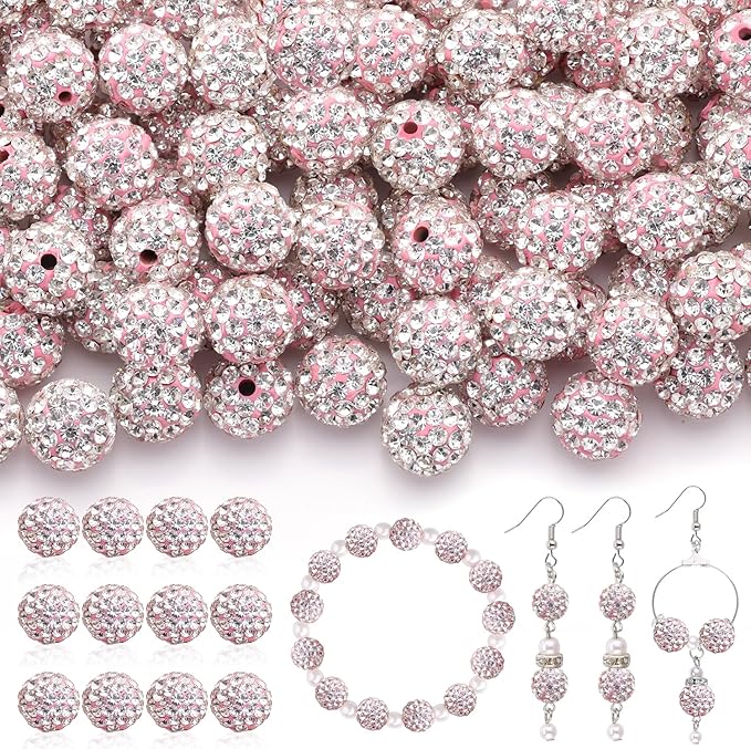 120pcs 10mm Rhinestone Beads for Jewelry Making, Pink White Shiny Round Shamballa Disco Ball Beads Bulk, Sparkle Crystal Clay Christmas for Bracelet Baseball Necklace Earring Crafting and DIY