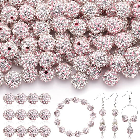 200 Pcs Pink White Rhinestone Beads for Jewelry Making, Sparkle Crystal Clay Christmas for Bracelet Baseball Necklace Earring Crafting and DIY, Shiny Round Shamballa Disco Ball Beads Bulk