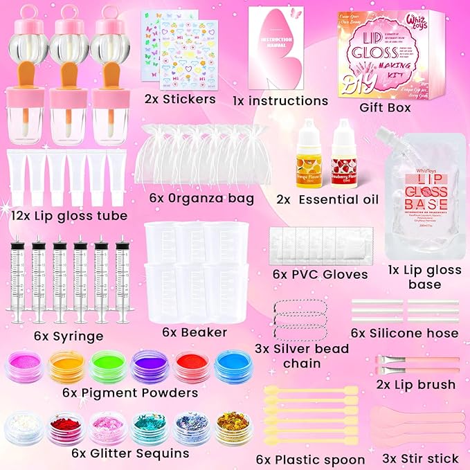 WhizToys DIY Lip Gloss Making Kit 74Pcs Beginner Make Your Own Makeup Kit with Squeeze Empty Tubes,Clear Base,Pigment,Birthday, Christmas Gift for Women