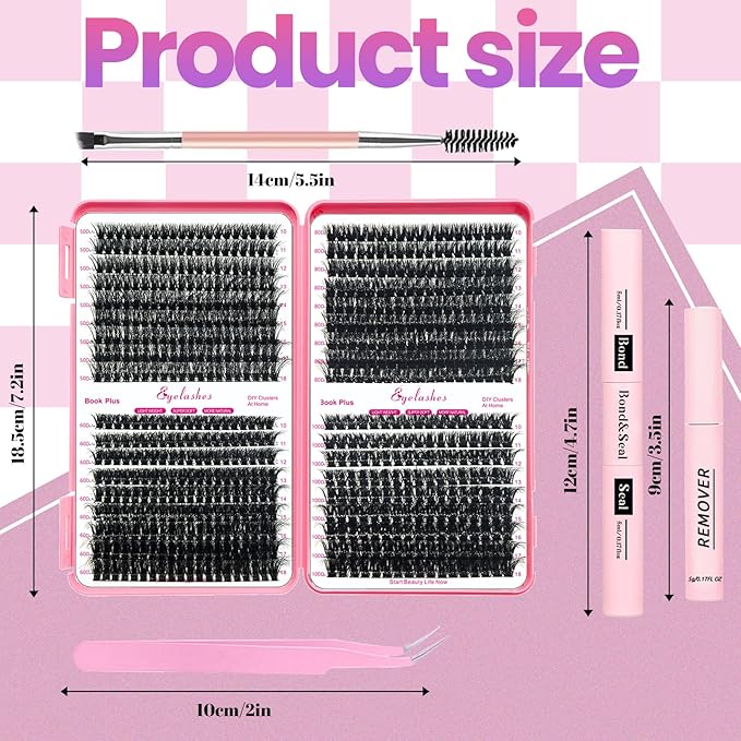 Qiveaory DIY Lash Extension Kit 684pcs Lashes Clusters Thick D Curl Eyelash Extension Kit with Lash Bond and Seal,Eyelash Remover Tweezers Brush(10-18mm,50D+60D+80D+100D) DIY at Home