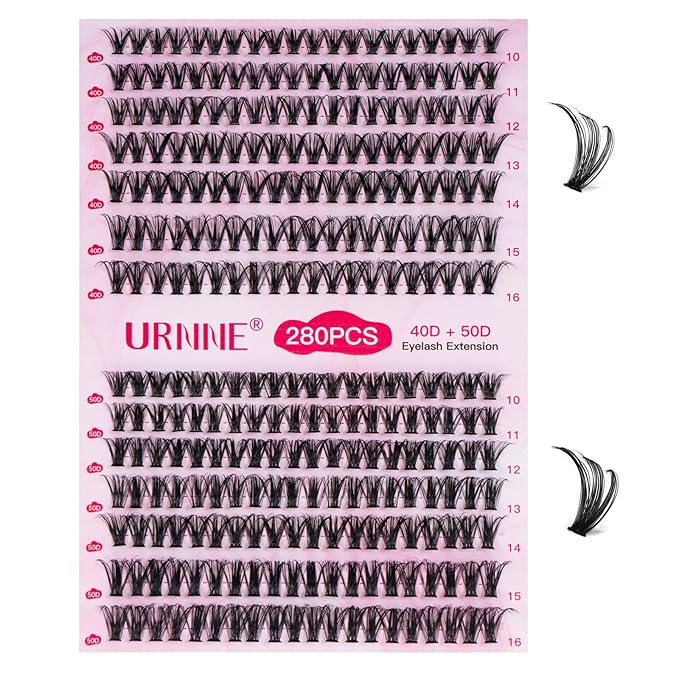 URNNE Lash Clusters 40D+50D-16MIX Volume Eyelash Clusters 280 Individual Lashes D Curl Cluster Eyelash Extensions DIY Lash Extension at Home（LD13）