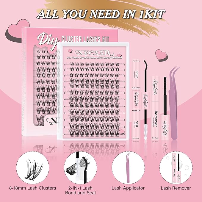 NYCAAR Lash Clusters Kit Wispy&Natural Look Lash Extension Kit D Curl 120Pcs Fluffy Individual Anime Lashes 8-18mm Eyelash Extension Kit with Bond and Seal,Remover,Applicators DIY at Home(NY04)