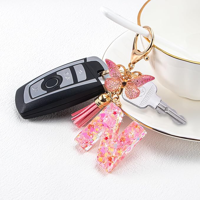 Initial letter Keychains for Women Girls Tassel Butterfly Cute Keychain for Wallet Backpack charm