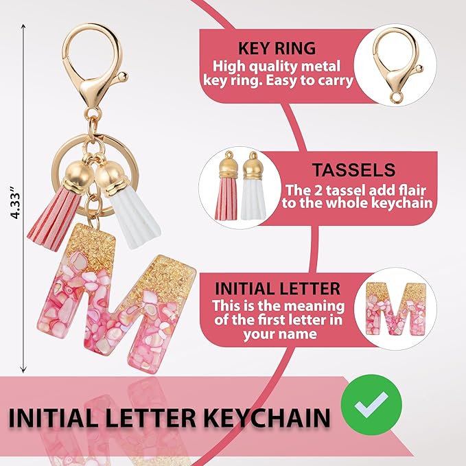 Initial Letter Keychain Cute Resin with 2 PU Tassel, Letter Keychain for Backpack Charms, Initial Keychains for Women