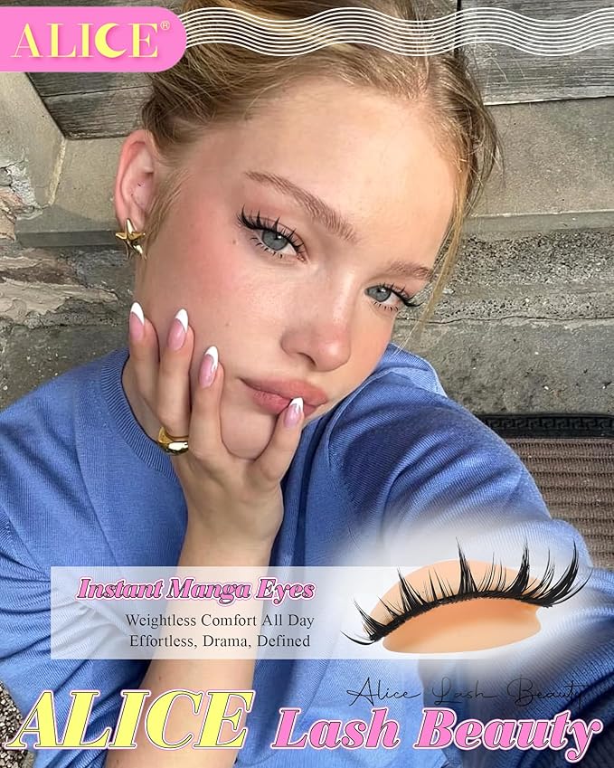 ALICE Manga Lash Clusters Kit Clear Band Natural Lash Extensions Kit 5-14mm Wispy Cluster Eyelash Extension Kit DIY Invisible Band Individual Cluster Lashes with Spiky Bottom Lashes Bond and Seal