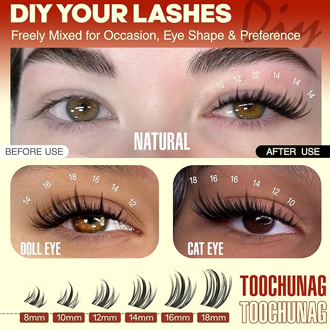 TOOCHUNAG Fairy Lash Clusters Kit 8-18mm Manga Eyelash Extension Kit Wispy Cluster Lashes Extensions Anime Individual Lashes Clusters Kit with Bond and Seal and Tweezers