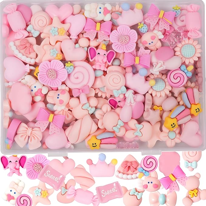 70 Pcs Slime Charms Pink Resin Charms Cute Embellishments Bulk Mixed Ornament Decorations Accessories