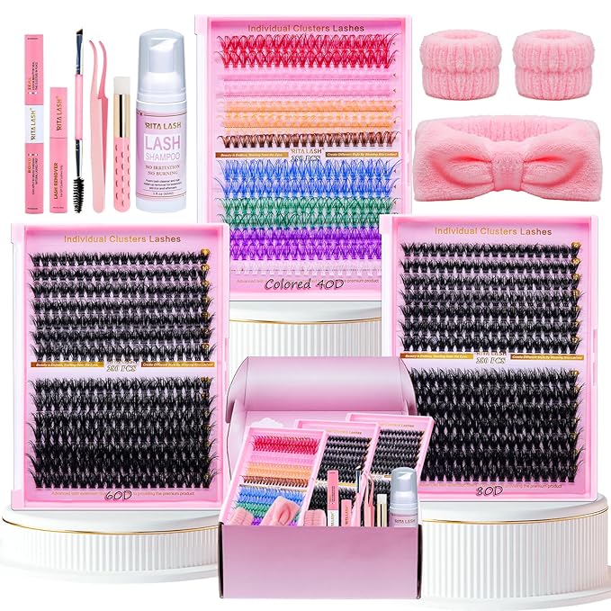 Lash Clusters Kit DIY Lash Extension Kit 3 Boxes Cluster Lashes 840Pcs Cluster Eyelash Extensions Wispy Eyelash Clusters with Lash Bond&Seal,Gift Packs for Beginners Bulk Pack(12 Counts Lash Kit-3)