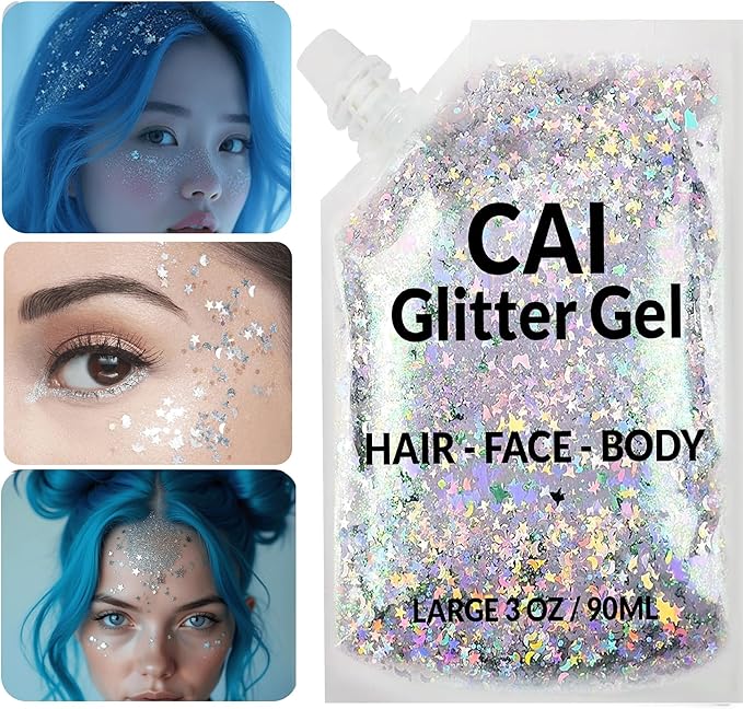 Face, Body & Hair Glitter Gel – Halloween Glitter for Kids and Women – 3 Oz Cosmetic-Grade Gel w/Moon & Stars for Festivals & Halloween Party, Easy Apply & Wash Off - Silver/Gold 2Pack