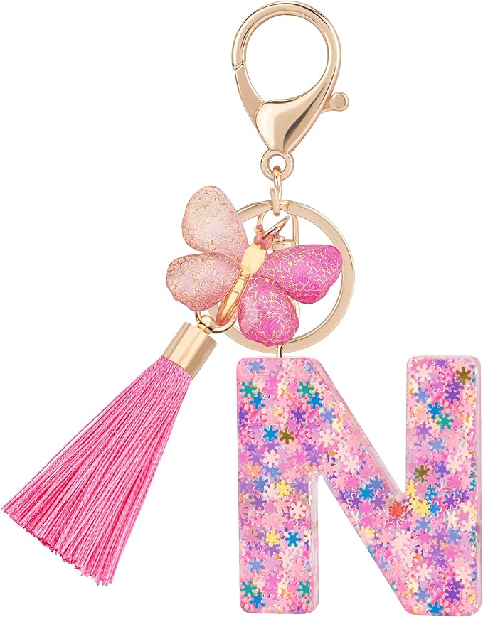 Suweibuke Cute Pink Key Chains for Women Girls, Initial Letter Keychains with Tassel, Charms for Key Purse Handbags Backpacks